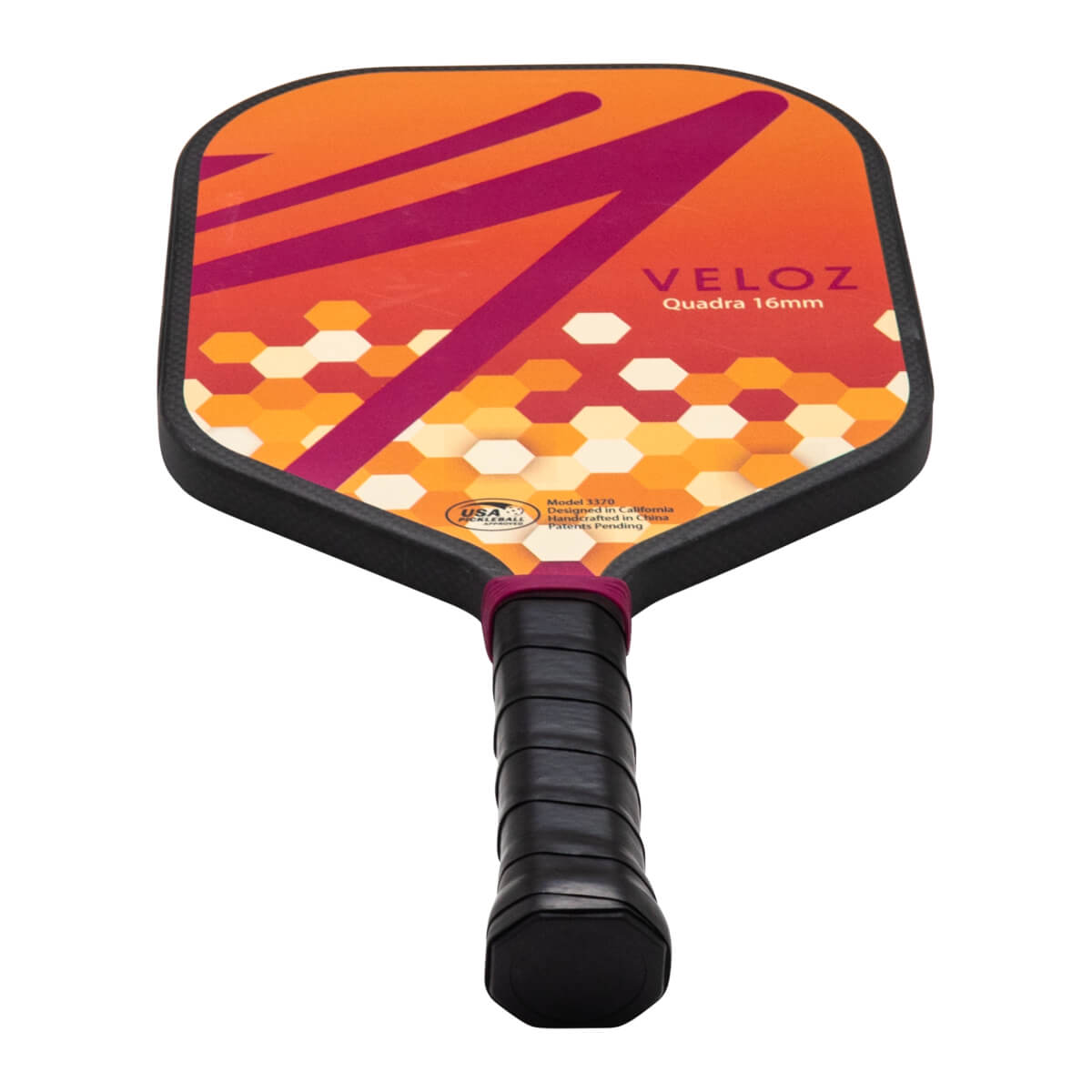 Front view of a pickleball paddle with "VELOZ Quadra 16mm" text, orange and purple geometric design, and a black grip.