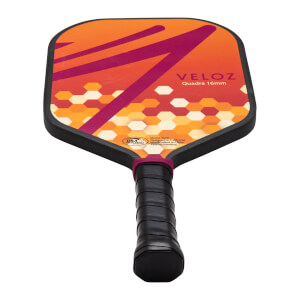 Front view of a pickleball paddle with "VELOZ Quadra 16mm" text, orange and purple geometric design, and a black grip.