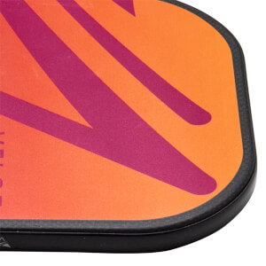 Corner view of a pickleball paddle with orange and purple diagonal stripes and a black edge.