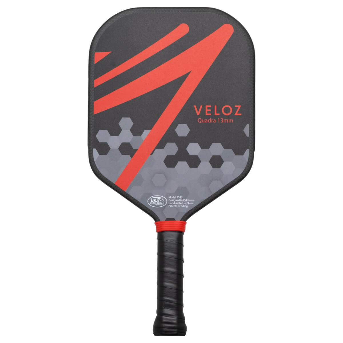 Front view of a dark grey pickleball paddle with red V-shaped graphics, "VELOZ" text, and a black grip.
