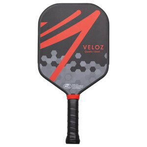 Front view of a dark grey pickleball paddle with red V-shaped graphics, "VELOZ" text, and a black grip.
