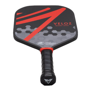 Front view of a black and red ProXR x Veloz Quadra 13mm carbon fiber pickleball paddle with a black grip.