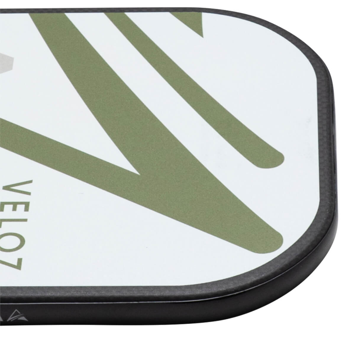Corner view of a white paddle with green stripes and "VELO7" text.