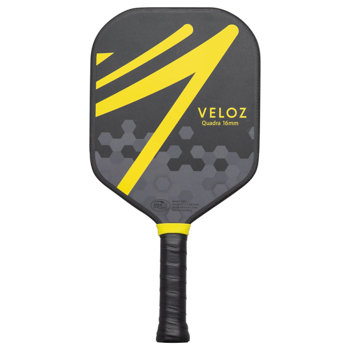 Front view of the ProXR x Veloz Quadra 16mm paddle with yellow accents and "VELOZ" text.