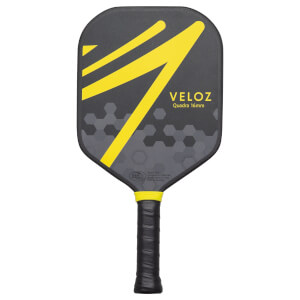 Front view of the ProXR x Veloz Quadra 16mm paddle with yellow accents and "VELOZ" text.