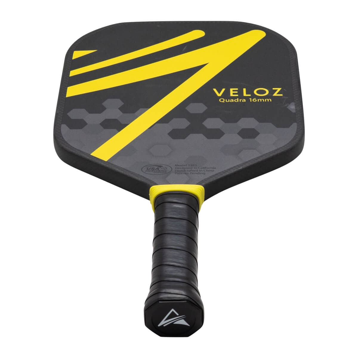 Front view of a black pickleball paddle with yellow stripes, the VELOZ logo, and "Quadra 16mm" text.