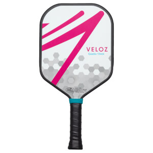 Front view of a white pickleball paddle with pink diagonal stripes, the word VELOZ, and a black grip.