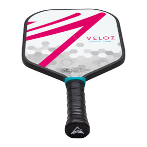 Front view of a VELOZ Quadra 13mm pickleball paddle with pink diagonal stripes and a black grip.