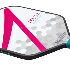 Close-up of a pickleball paddle showing a large pink "A" graphic, "VELOZ" text, and "Quadra 13mm" details.
