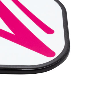 Corner view of a white paddle with bold pink diagonal stripes and a black edge.