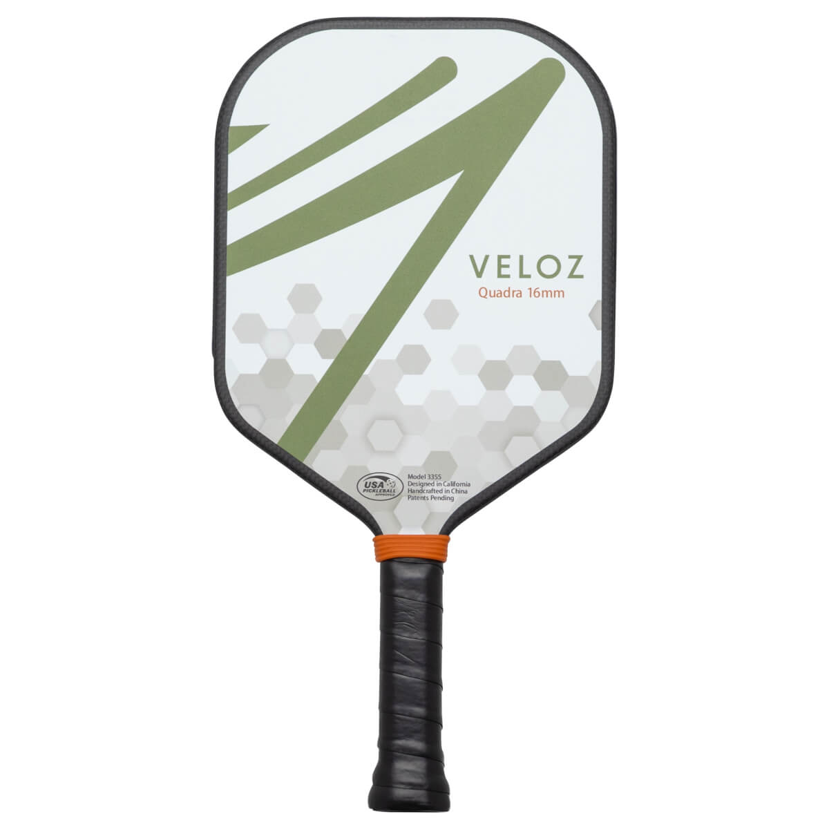 Front view of a VELOZ Quadra 16mm pickleball paddle with green diagonal lines and a hexagonal pattern.