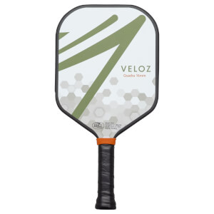 Front view of a VELOZ Quadra 16mm pickleball paddle with green diagonal lines and a hexagonal pattern.