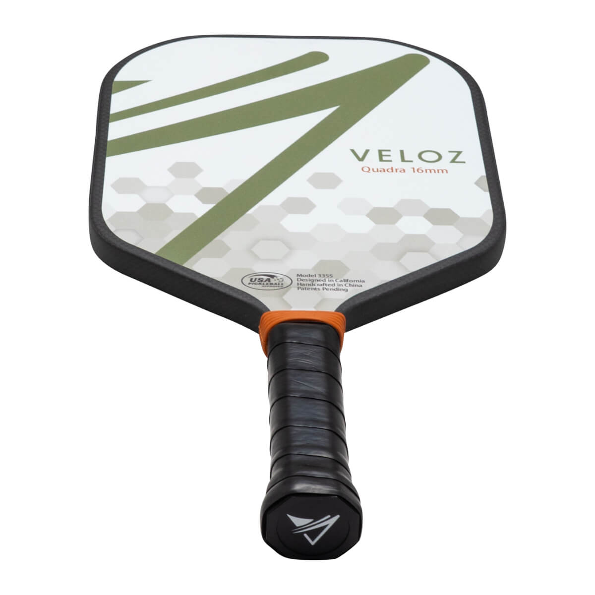 Top-down view of a pickleball paddle with "VELOZ Quadra 16mm" text, green stripes, and a hexagonal pattern.