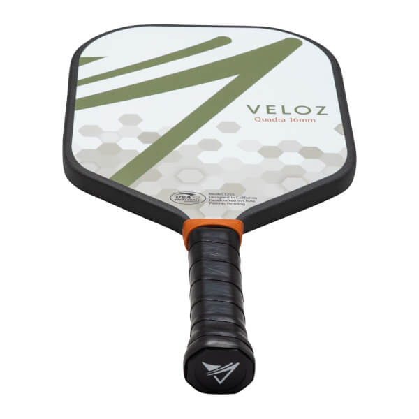 Top-down view of a pickleball paddle with "VELOZ Quadra 16mm" text, green stripes, and a hexagonal pattern.