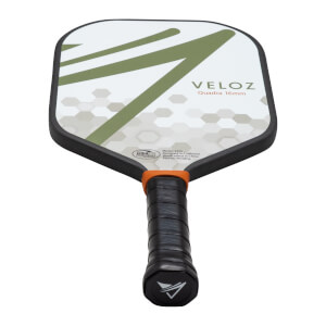 Top-down view of a pickleball paddle with "VELOZ Quadra 16mm" text, green stripes, and a hexagonal pattern.