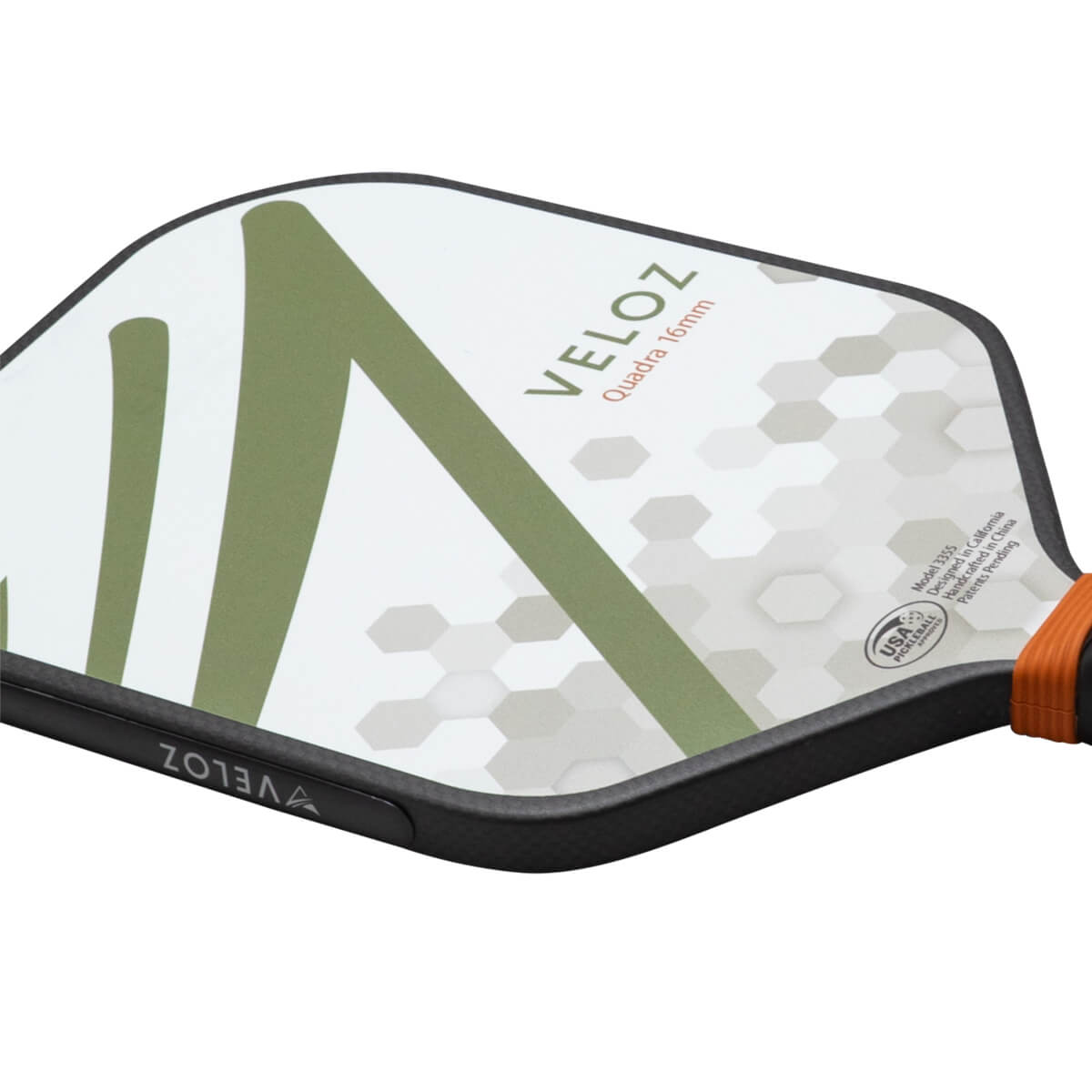 Corner view of a pickleball paddle with "VELOZ Quadra 16mm" text and a green "V" graphic.