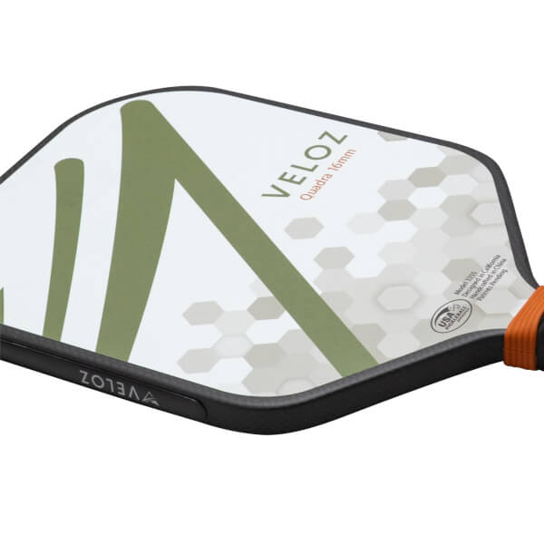 Corner view of a pickleball paddle with "VELOZ Quadra 16mm" text and a green "V" graphic.
