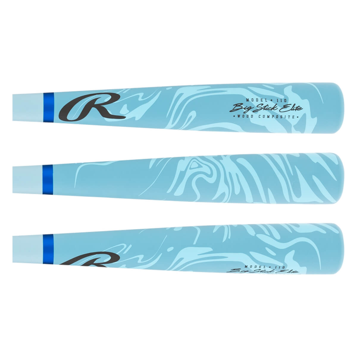 Side view of three light blue baseball bats with a subtle swirl pattern, dark blue Rawlings R logo, and Big Stick Elite text.