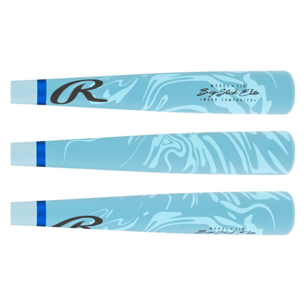 Side view of three light blue baseball bats with a subtle swirl pattern, dark blue Rawlings R logo, and Big Stick Elite text.
