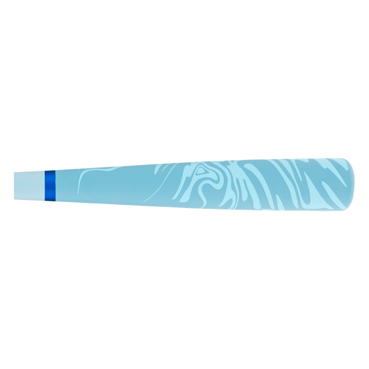 Side view of a light blue baseball bat with a lighter swirled pattern on the barrel and a dark blue stripe near the handle.