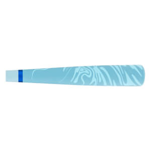 Side view of a light blue baseball bat with a lighter swirled pattern on the barrel and a dark blue stripe near the handle.