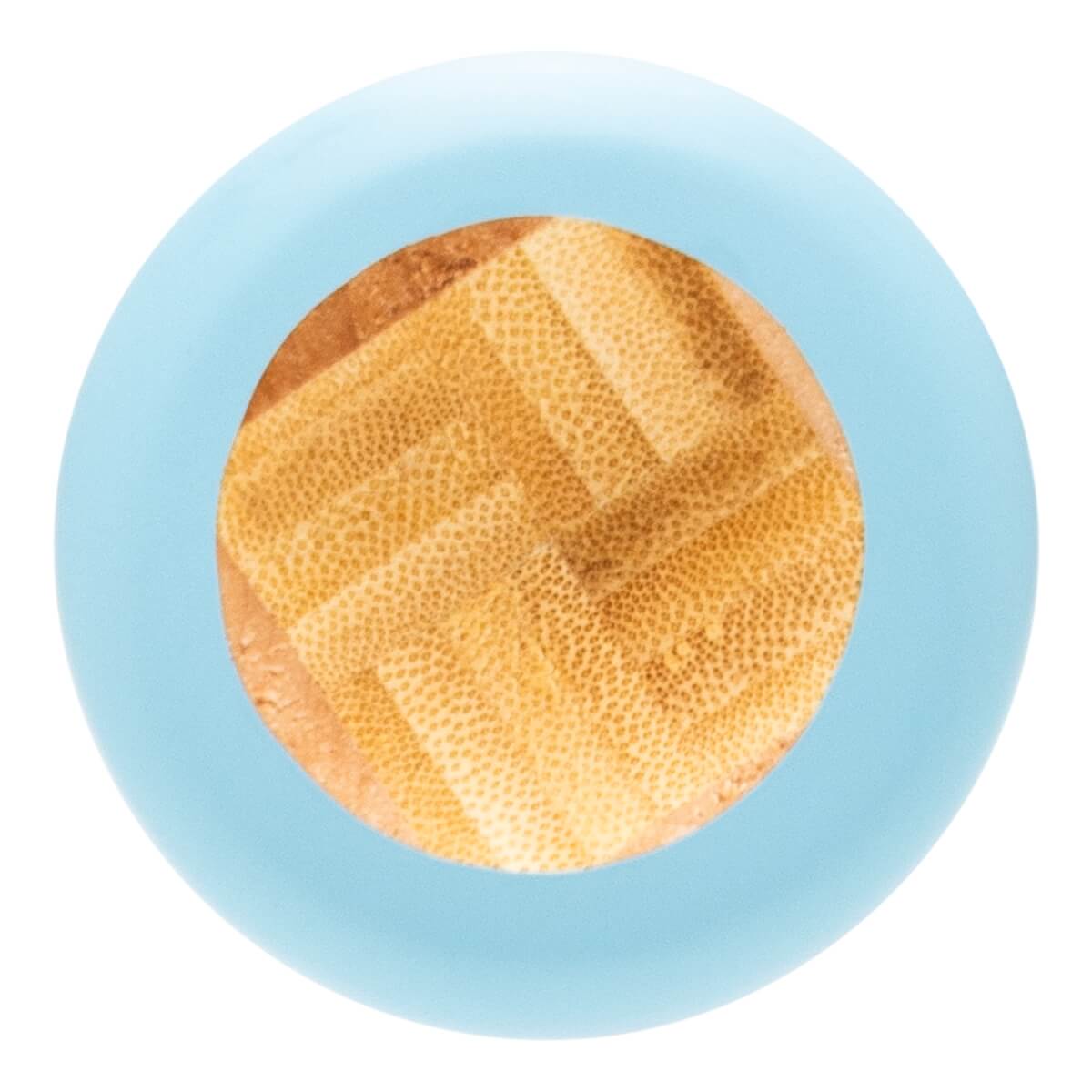 Top-down view of a light blue and natural wood baseball bat with a distinct woven wood grain pattern on the end.