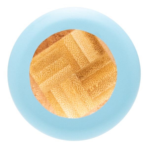 Top-down view of a light blue and natural wood baseball bat with a distinct woven wood grain pattern on the end.