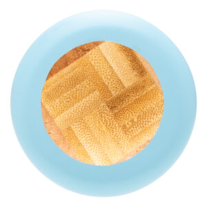 Top-down view of a light blue and natural wood baseball bat with a distinct woven wood grain pattern on the end.