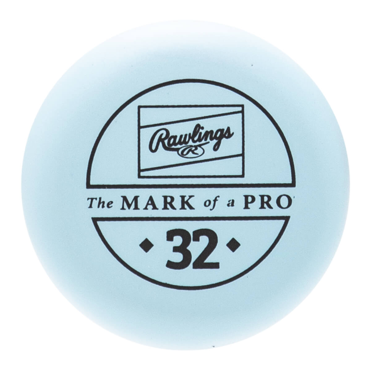 Top-down view of a light blue baseball bat end cap with a black circular Rawlings logo, The MARK of a PRO text, and the number 32.