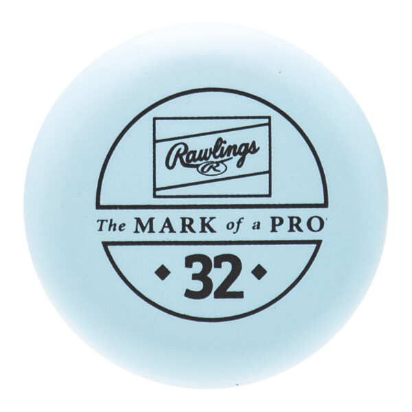 Top-down view of a light blue baseball bat end cap with a black circular Rawlings logo, The MARK of a PRO text, and the number 32.