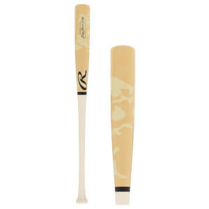 Side-by-side views of a tan camouflage baseball bat, showing the full bat with Rawlings Big Stick Elite text and barrel close-up.