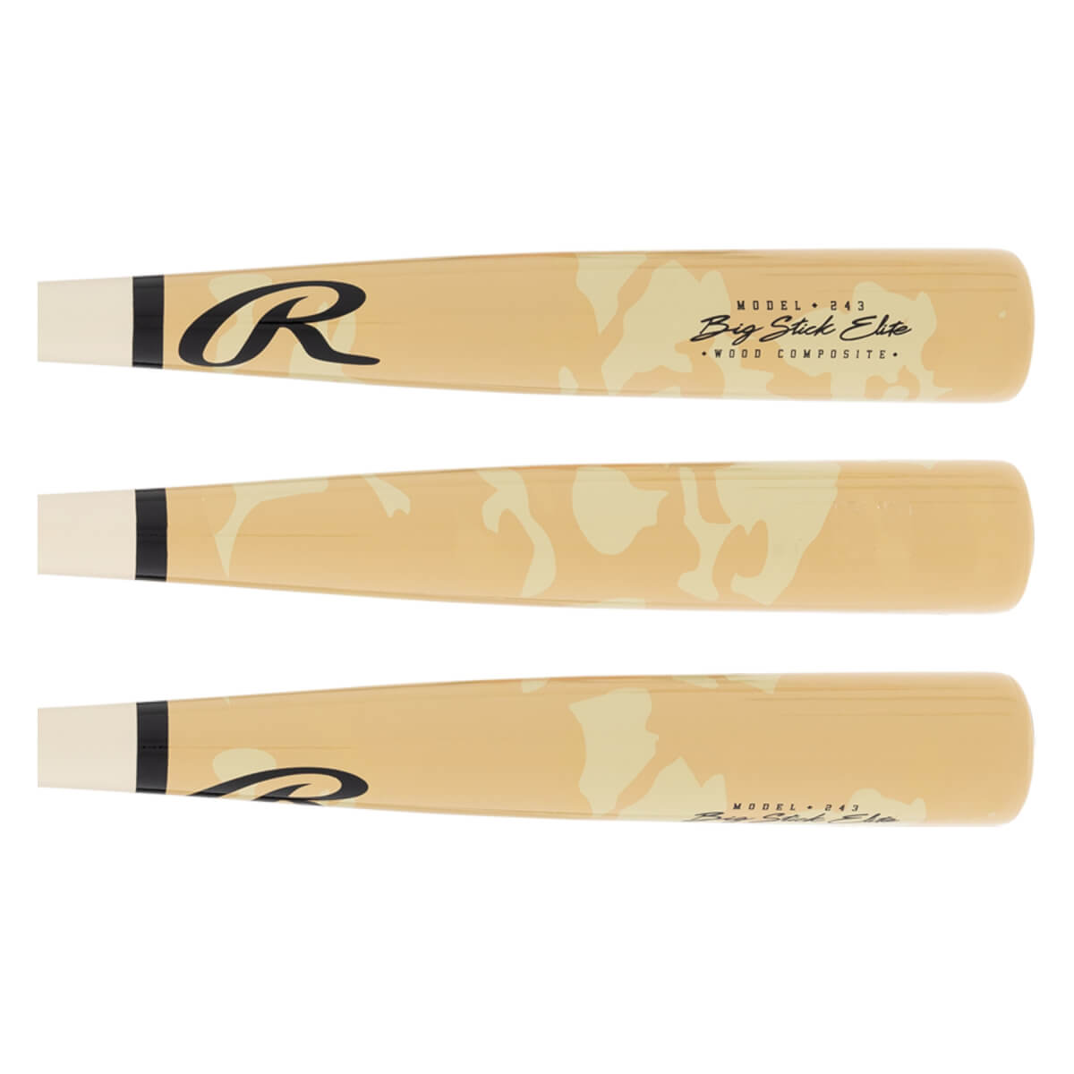 Multiple side views of a tan and cream camouflage baseball bat with a black Rawlings R logo and Big Stick Elite text.