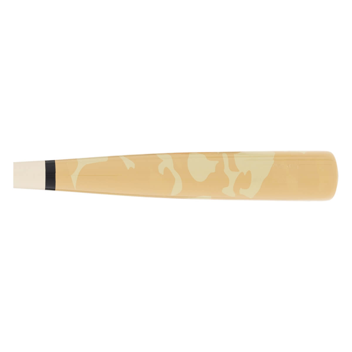 Side view of a light brown baseball bat with a cream camouflage pattern, a black band, and a cream handle tip.