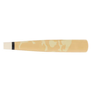 Side view of a light brown baseball bat with a cream camouflage pattern, a black band, and a cream handle tip.