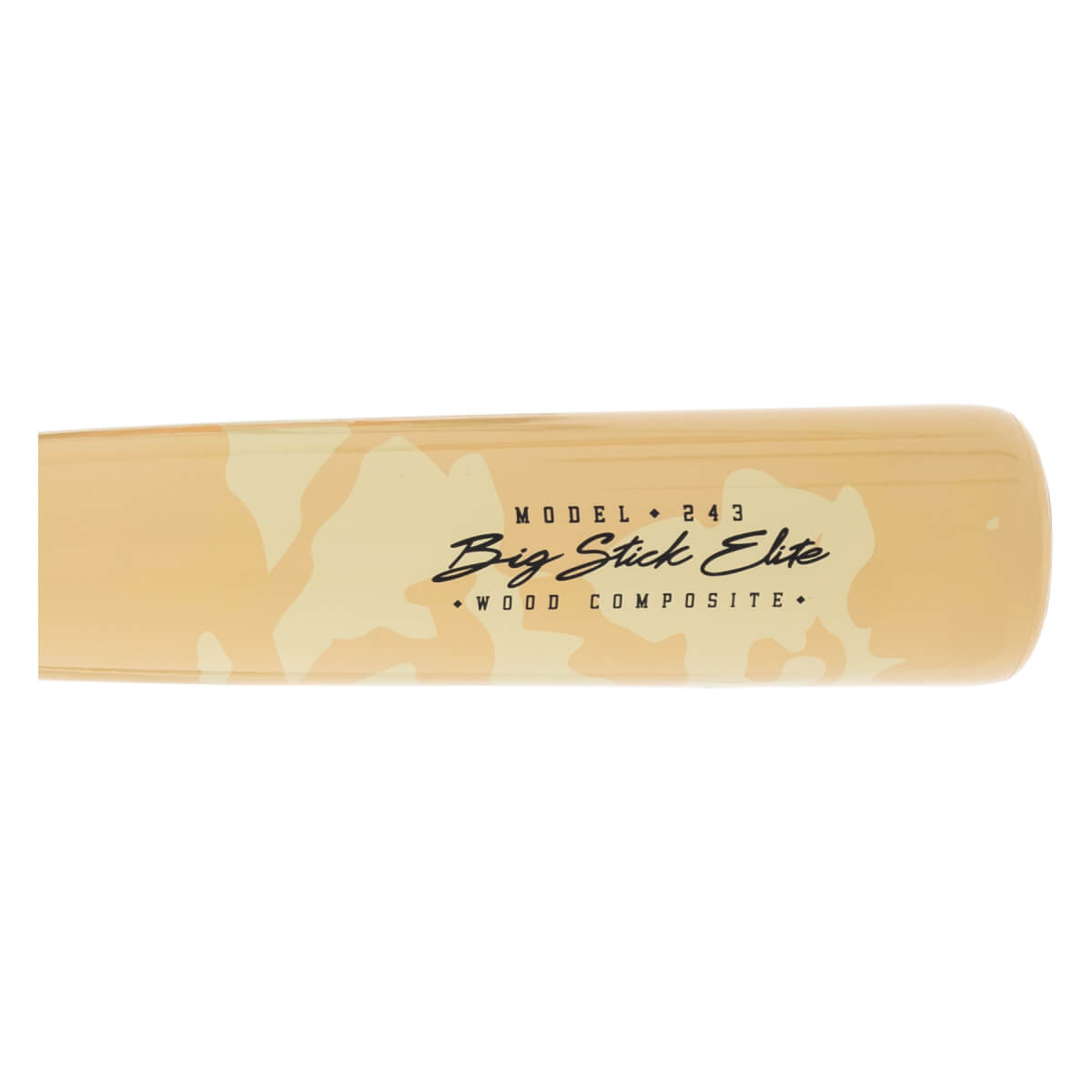 Close-up of a tan camouflage baseball bat barrel with black Big Stick Elite and WOOD COMPOSITE text.