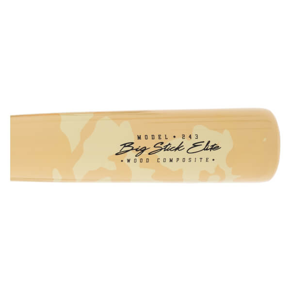 Close-up of a tan camouflage baseball bat barrel with black Big Stick Elite and WOOD COMPOSITE text.
