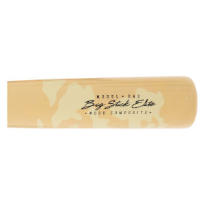 Close-up of a tan camouflage baseball bat barrel with black Big Stick Elite and WOOD COMPOSITE text.