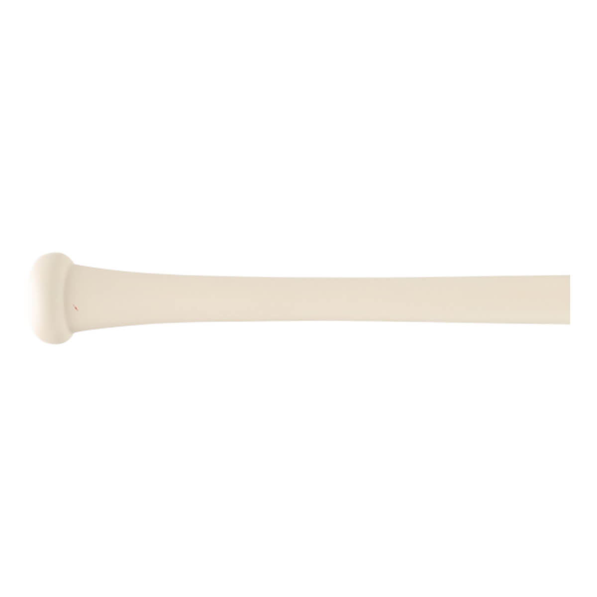 Side view of a light beige baseball bat with a flared knob and a smooth, tapering handle.
