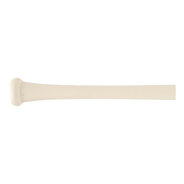 Side view of a light beige baseball bat with a flared knob and a smooth, tapering handle.
