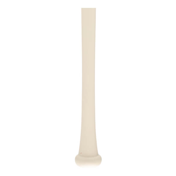 Full-length view of a cream-colored baseball bat, showing its thick barrel, tapering handle, and flared knob.