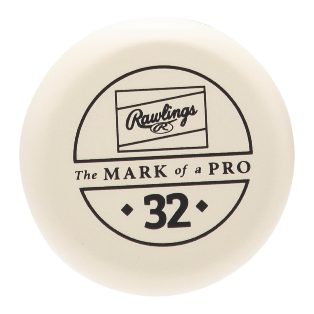 Top-down view of a cream baseball bat end cap with a black Rawlings logo, The MARK of a PRO text, and the number 32.