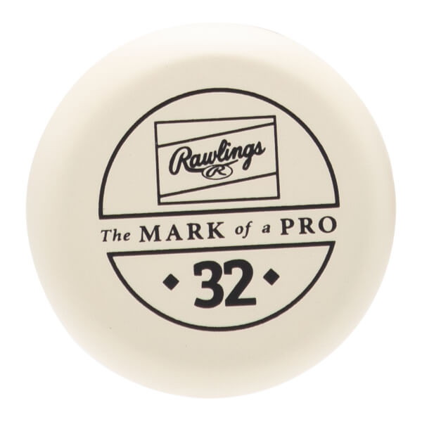 Top-down view of a cream baseball bat end cap with a black Rawlings logo, The MARK of a PRO text, and the number 32.