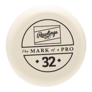 Top-down view of a cream baseball bat end cap with a black Rawlings logo, The MARK of a PRO text, and the number 32.