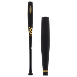Composite view of a black baseball bat with gold Rawlings branding and a close-up of its smooth barrel with a gold band.