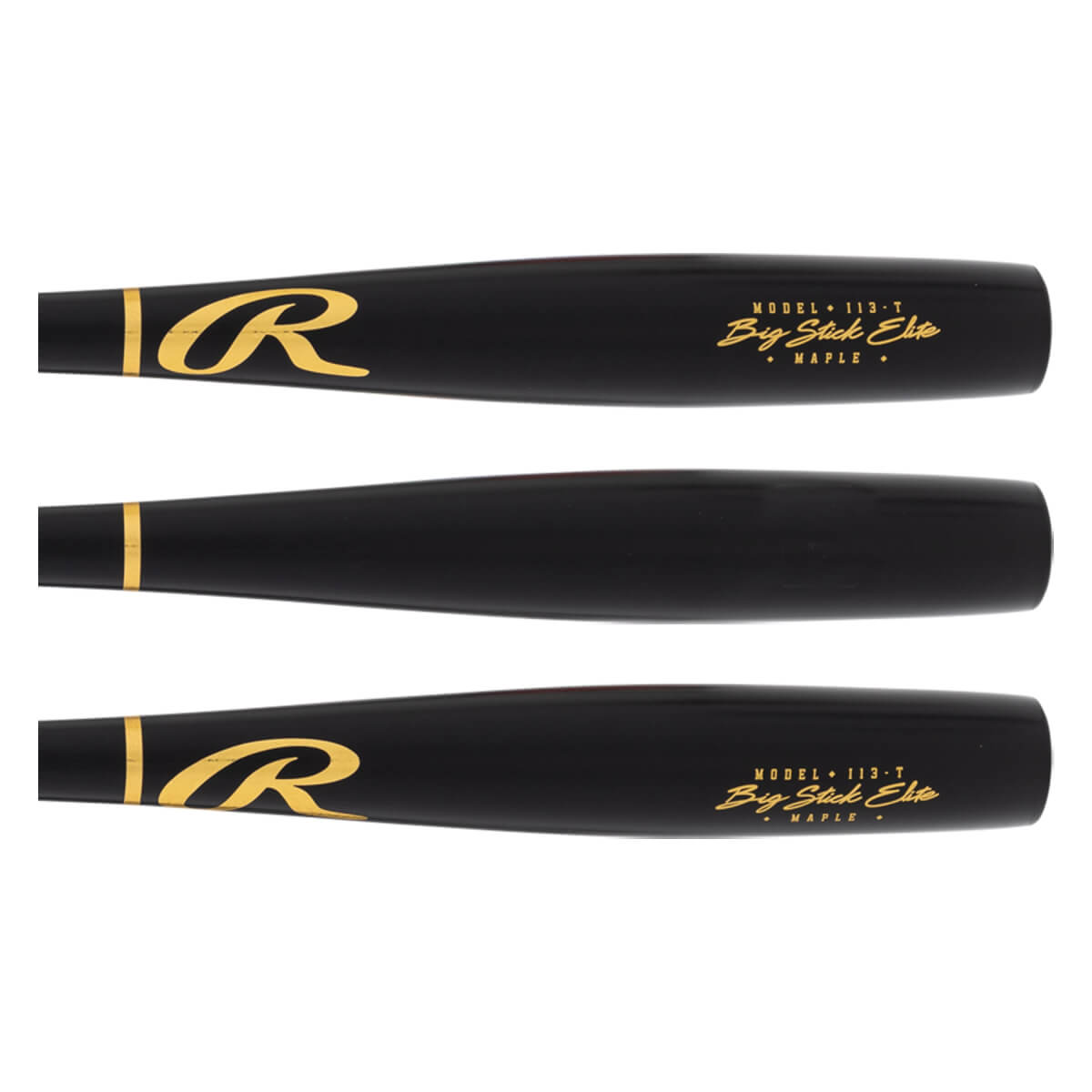 Sections of a black maple wood baseball bat with gold Rawlings R logo, Big Stick Elite MAPLE text, and a gold band.