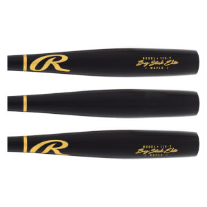 Sections of a black maple wood baseball bat with gold Rawlings R logo, Big Stick Elite MAPLE text, and a gold band.