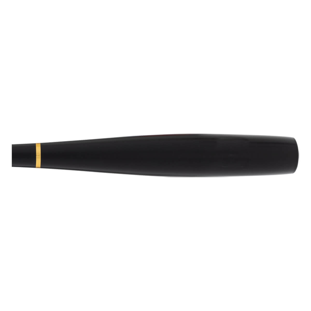 Side view of a black baseball bat handle with a gold ring near the knob and a glossy, tapered design.
