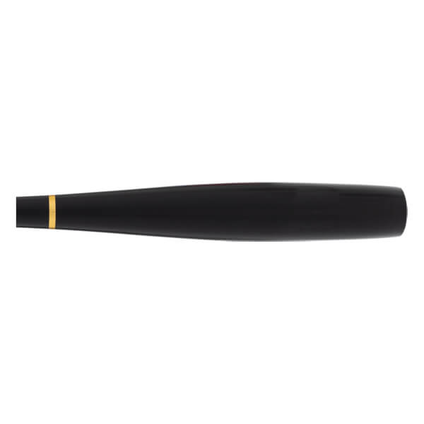 Side view of a black baseball bat handle with a gold ring near the knob and a glossy, tapered design.