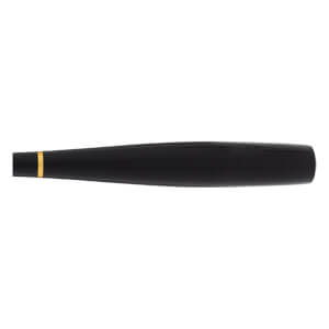 Side view of a black baseball bat handle with a gold ring near the knob and a glossy, tapered design.