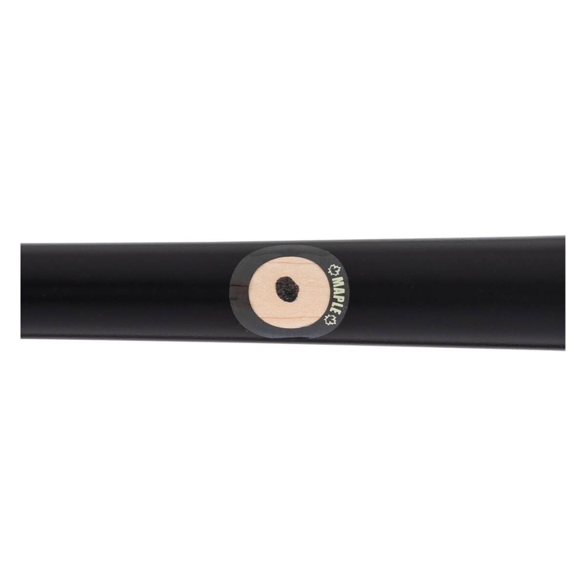 Close-up of a black baseball bat with a circular light wood plug labeled MAPLE and a leaf icon.